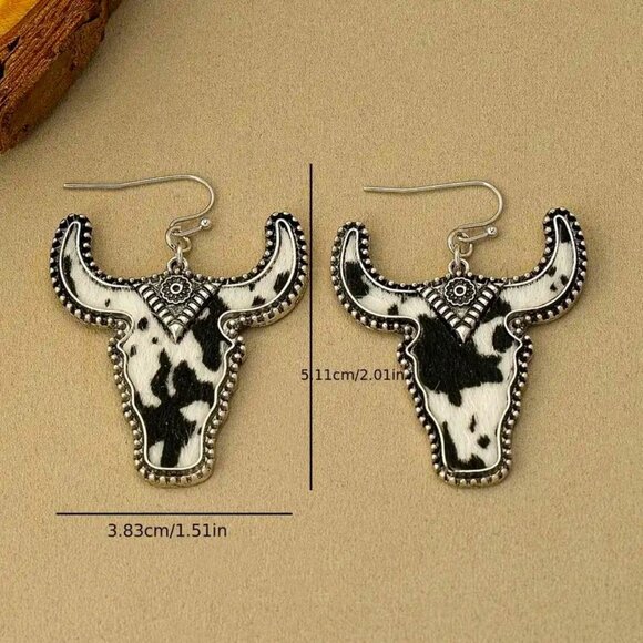 Earrings Cow Bull Steer Faux Cowhide Hair Western Cowboy Rodeo Texas Long Horn - Picture 3 of 3